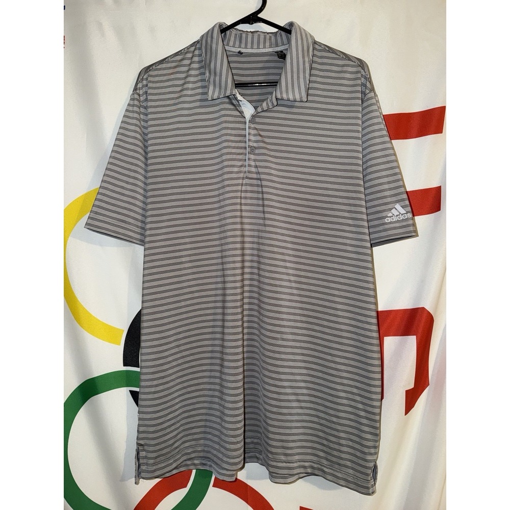 Adidas Golf Polo Shirt Mens Large Gray Striped Performance Stretch
